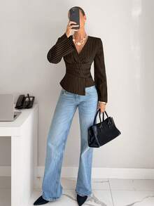 Siren Gaze Women's Striped Print Ruffle Asymmetric Hem Long Sleeve Blouse Spring Elegant Brown - Coffee Brown - View 5