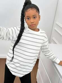 SHEIN Tween Girls' Casual Striped Crew Neck Pullover Sweatshirt - Grey - View 7