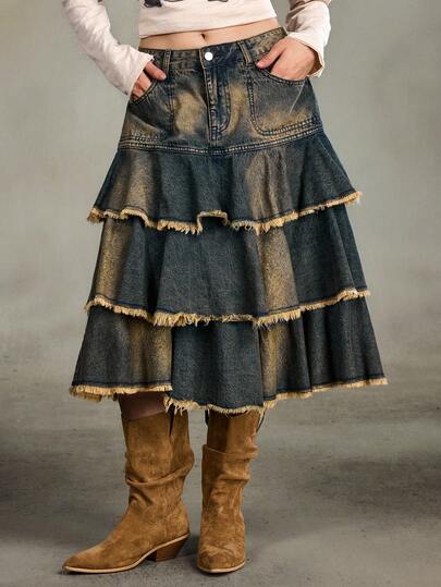 Grunge Punk Women's Vintage Ruffled Fringe Denim Mini Skirt With Pockets, Summer Fashion