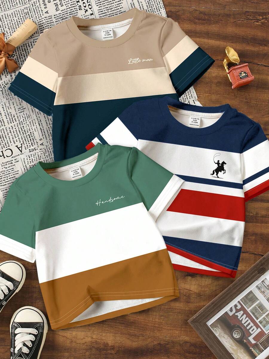 3件装男童休闲时尚经典撞色印花舒适短袖T恤，适合春夏穿着，居家、户外皆宜，兄弟装也可搭配。 - 彩色 - 查看 1