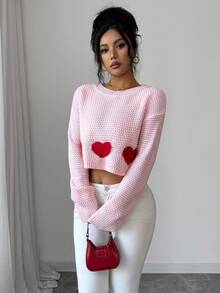 SHEIN Elenzya Women's Drop Shoulder Long Sleeve Heart Knit Cropped Sweater - Pink - View 4