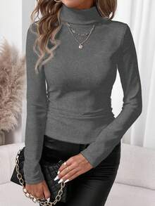 SHEIN Clasi 深灰色花卉图案女士休闲高领修身长袖T恤，适合秋冬季节，百搭实用 - 深灰色 - 查看 6