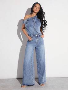 Denimoi Stacked Wide Leg Denim Jumpsuit - Light Wash - View 8