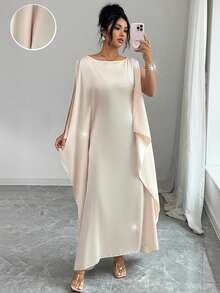 SHEIN Elenzya Vestido largo de color albaricoque elegante para mujer, de unicolor minimalista, para uso diario brillante - Albaricoque - Ver 8