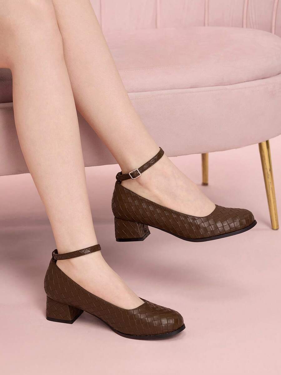 CUCCOO DOLLMOD 简约休闲通勤纯色搭扣粗跟女式高跟鞋 - 咖啡棕 - 查看 1