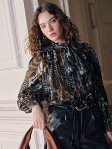 SHEIN Unity Women's Pleated Tie-Up Printed Long Sleeve Shirt, Fashionable For Spring/Autumn Carnival - Multicolor - View 7