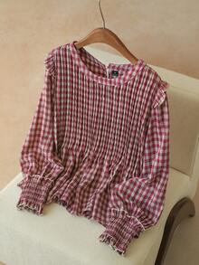 Elaquor Plus Size Casual Plaid Long Sleeve Shirt, Autumn Casual For Women Casual Red Plaid Blouse - Red - View 1