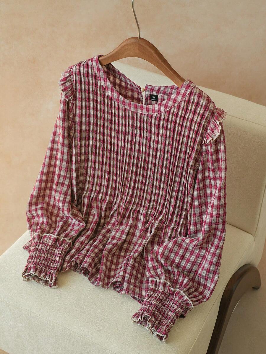 Elaquor Plus Size Casual Plaid Long Sleeve Shirt, Autumn Casual For Women Casual Red Plaid Blouse - Red - View 1