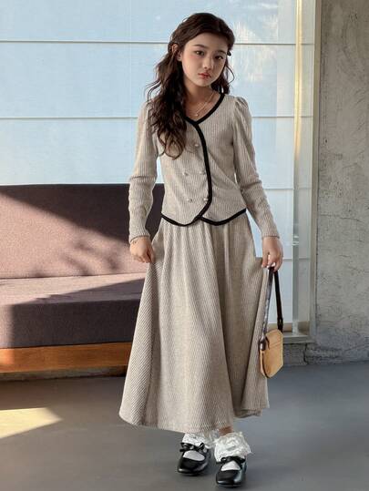 DAZY Tween Girl Contrast Trim V-Neck Long Sleeve Shirt And Mini Skirt Elegant Set