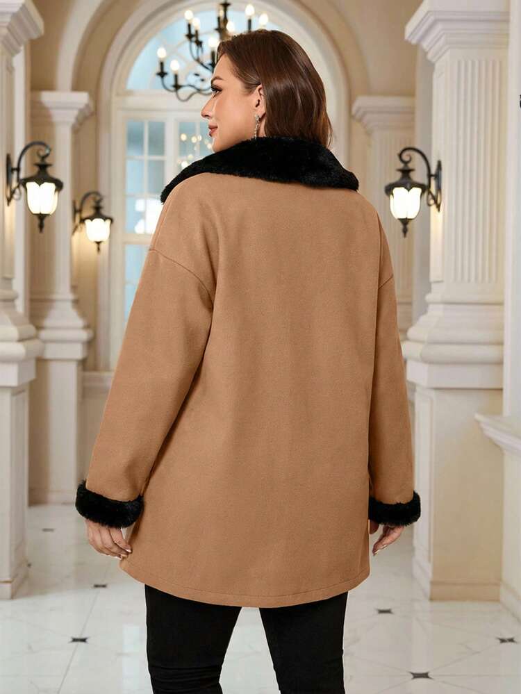 Plus Size Solid Color Faux Fur Patchwork Zipper Pocket Long Sleeve Wool Blend Coat, Winter Winter Coat Women Plus Size Winter Clothes Plus Size Jacket Coats For Women Plus