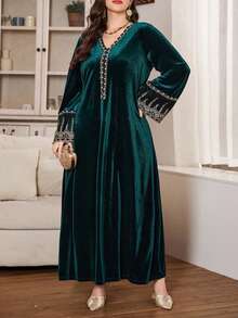 Al Najma Vestido Elegante e Modesto de Manga Longa em Veludo com Decote em V, Ajuste Solto, Decoração com Fita, Formal para Convidado de Batizado, Verde Oliva - Verde Escuro - Visão 7