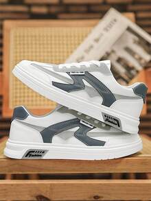 Zapatos de skate de moda para hombre, zapatos de tenis con bloques de color para hombre, zapatos casuales con cordones con bloques de color, zapatos planos con cordones de material PU, zapatos de skate clásicos para hombre, adecuados para estudiantes y adolescentes, adecuados para caminar, deportes, actividades, fitness, citas y uso diario. - Blanco y azul - Ver 5