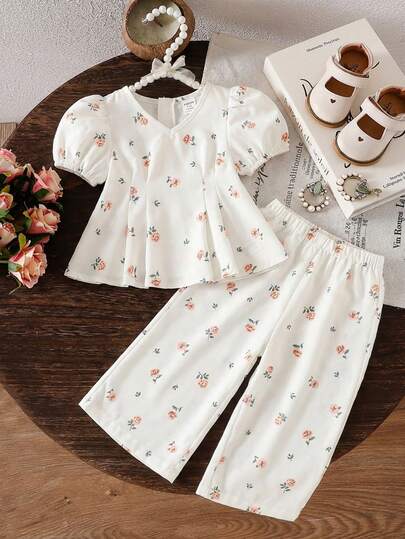 Baby Girl Casual Comfortable V-Neck Puff Sleeve Floral Print Shirt And Pants Set