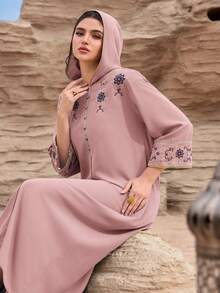 Al Najma 端庄刺绣浅蓝色女士阿拉伯传统长裙，土耳其长款连衣裙 - 粉色 - 查看 4