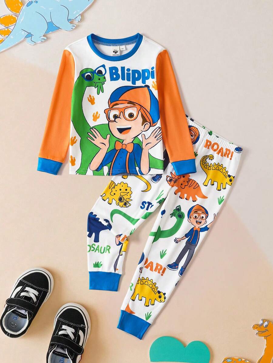 Blippi X SHEIN 两件套男童卡通可爱休闲恐龙卡通人物图案T恤和恐龙印花打底裤睡衣套装 - 白色 - 查看 1