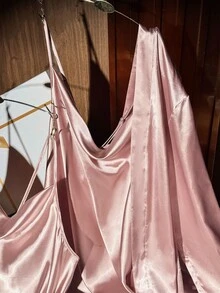 SilkySpell Plus Size Women Faux Silk Draped Neck Camisole, Shorts & Robe Sleepwear Set Sexy Sleep Set Satin Sleepwear Set Satin Pj Set Satin Lingerie Set - Dusty Pink - View 5