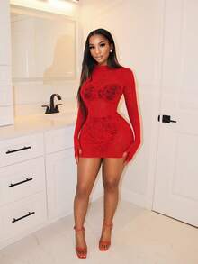 BamGleam Women's Sexy Hollow Out Mesh Gloves Bodycon Dress - Red - View 5