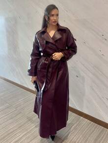 MDEdit Autumn/Winter Fashion Women's Long Leather Burgundy Trench Coat,Burgundy Coat,Burgundy Fashion Coat,Versatile And Practical Coat,Fall - Burgundy - View 1