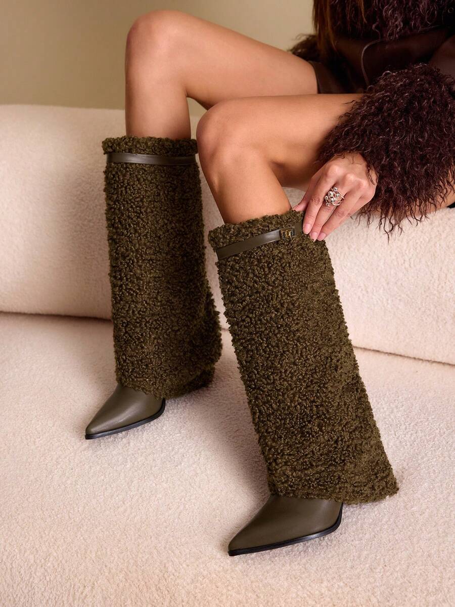 Daringsoles Women's Pointed Toe Chunky Heel Suede Western Boots With Fringe, Slim Fit Tall Boots For Christmas - Khaki - View 1