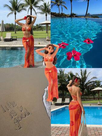 Swim SXY Vestido maxi floral naranja sexy y minimalista de 3 piezas para vacaciones en la playa, traje de baño con accesorio de metal en forma de estrella de mar, bikini para mujer