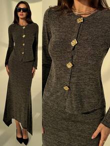 Aloruh Minimalist Commuter Autumn/Winter New Floral Gray Round Neck Tight Metal Button Tight Women Top + Super Long Asymmetrical Hem Women Skirt 2-Piece Set, Casual Sets For Women,Casual Sets For Women - Grey - View 9
