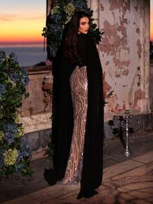 Aureia Elegante y lujoso albornoz de satén elástico tejido negro con bordado de flores y lentejuelas, adecuado para galas, eventos de negocios, fiestas privadas, cumpleaños, vacaciones, bodas y otras ocasiones formales - Multicolor - Ver 2