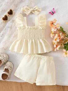 一套女婴精致甜美风格子蝴蝶结装饰无袖荷叶边上衣和短裤套装，轻盈透气，可爱三件套（含发带），适合日常玩耍和休闲外出，春夏时尚套装 - 黃色 - 查看 2