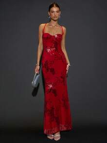 SHEIN BAE 女士优雅超长亮片刺绣吊带鱼尾连衣裙，黑色迷你派对礼服，正式晚宴礼服，适合鸡尾酒会、正式晚宴、盛大晚会、节日活动、万圣节、圣诞节等场合。 - 紅色 - 查看 3