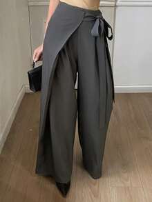 DAZY 女士优雅宽松系带斜领纯色长裤，适合春秋季穿着 - 灰色 - 查看 6
