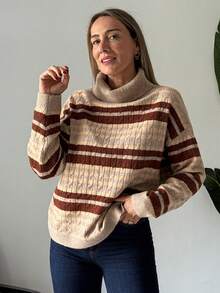 Vivie Lora Women's Off Shoulder Striped Loose Knit Sweater - Khaki - View 5