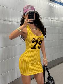 Fiercella Fiercella 女士英式条纹印花街头风连衣裙 - 黃色 - 查看 4