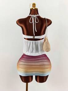 Amplova 2pcs Women's Romantic Vacation Low-Cut Mesh Sheer Gradient Skirt Set - Multicolor - View 3