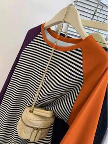 SHEIN 新款女士秋冬条纹柔软舒适撞色插肩袖圆领卫衣 - 彩色 - 查看 3