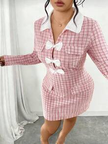 Elenzga Đầm vải tuýt dáng ôm dáng dài tay màu tương phản thanh lịch cho nữ cỡ lớn - Nhiều màu - Xem 5