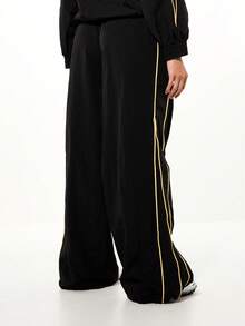 SUMWON WOMEN 宽腿运动裤，双侧条纹设计，高腰舒适贴合，弹性腰带，宽松休闲慢跑裤，适合日常休闲穿着。 - 黑色 - 查看 2