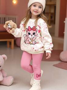 SHEIN 两件套女童休闲柔软圆领长袖卫衣，印有可爱卡通蝴蝶、猫咪、小熊和爱心图案，搭配修身长裤，适合秋冬季日常穿着。 - 彩色 - 查看 1