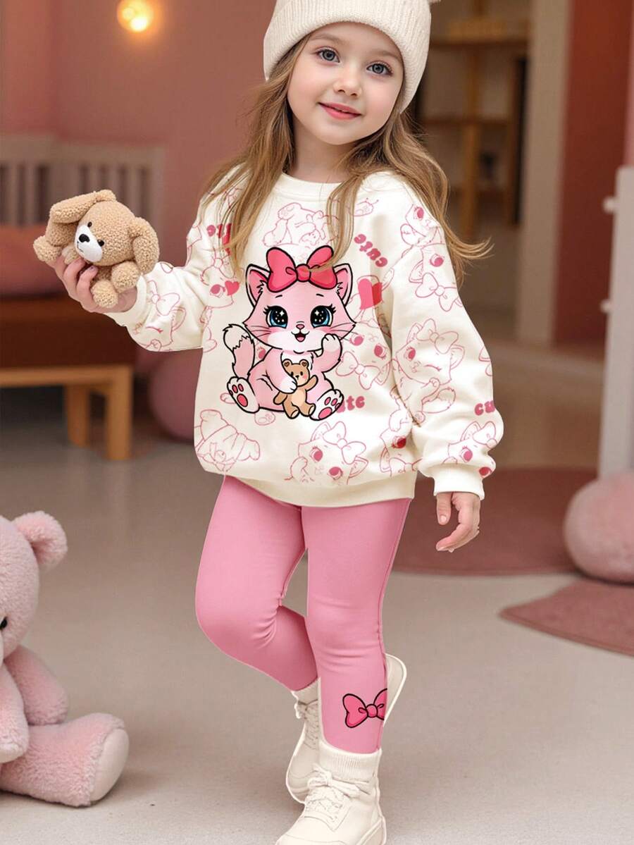 SHEIN 两件套女童休闲柔软圆领长袖卫衣，印有可爱卡通蝴蝶、猫咪、小熊和爱心图案，搭配修身长裤，适合秋冬季日常穿着。 - 彩色 - 查看 1