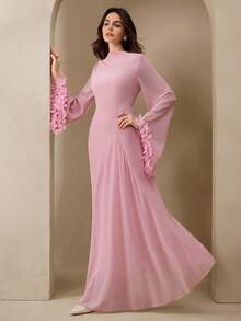 Graceveil 女士优雅雪纺拼接荷叶袖长连衣裙，时尚高贵 - 粉色 - 查看 7