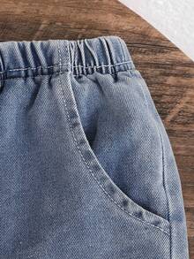 SHEIN Genkimix Kids 两件套：少女可爱简约休闲荷叶边无袖上衣和时尚铆钉牛仔裤 - 酒紅色 - 查看 7