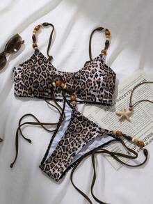 Swim SXY 夏季海滩度假女士吊带印花多面料吊带背心上衣，侧边抽绳多面料比基尼泳裤，泳装套装 - 彩色 - 查看 1