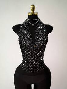 Jeanoix Women's Sexy Rhinestone Backless Halter Neck Top, Suitable For Bar, Party, Club