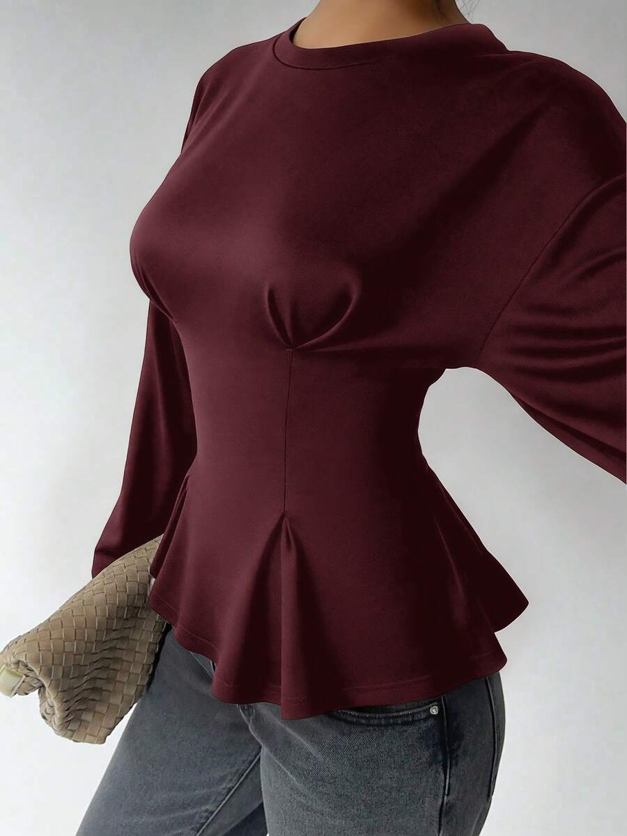 Aloruh Women's Casual Round Neck T-Shirt With Ruched Waist, Solid Color T-Shirt For Daily Commute And Home Wear, Long Sleeve Knit T-Shirt With Floral Mesh Burgundy Blouse - Burgundy - View 1
