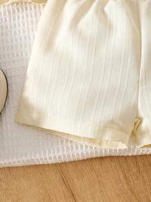 一套女婴精致甜美风格子蝴蝶结装饰无袖荷叶边上衣和短裤套装，轻盈透气，可爱三件套（含发带），适合日常玩耍和休闲外出，春夏时尚套装 - 黃色 - 查看 8