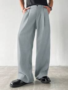 Manfinity Hypemode Casual Pocketed Wide-Leg Thick Pants For Men, Autumn - Light Grey - View 4