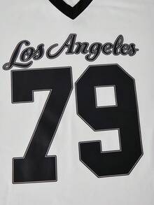 SHEIN Bộ đồ thể thao dáng rộng phong cách retro Mỹ dành cho nữ tuổi teen, áo thun ngắn tay cổ chữ V in số và quần ống rộng, kiểu dáng đường phố rộng thùng thình, phù hợp cho khiêu vũ jazz, phong cách hip-hop châu Âu và Mỹ. - màu đen - Xem 4