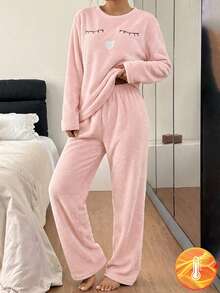 Tween Girl Plush Flannel Long Sleeve Pajama Set Pajama Pink Tween Girls Pajamas-Pajama Set Soft Fleece Heart Eyelash Embroidery Crew Neck Long Sleeve Top Pants Pink Warm Homewear Fall Winter Comfortable Sleepwear 2026 New Year Essential - Baby Pink - View 5