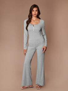 Lazeform Women's Casual Cozy Square Neck Fitted Top & Ribbed Waist Pants Loungewear Set - Grey - View 3