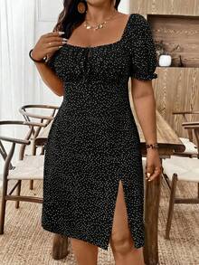 SHEIN Clasi Đầm ngắn tay cổ vuông xẻ cao in chấm bi dành cho nữ cỡ lớn - màu đen - Xem 4