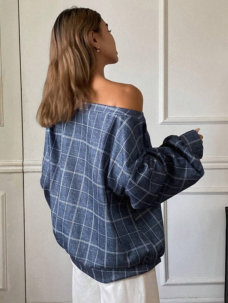 Women's Casual Plaid Crew Neck Sweatshirt, Autumn