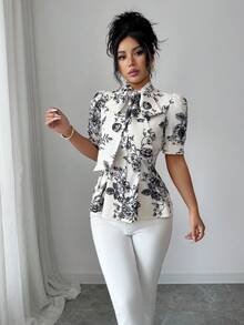 Modelyn 蝴蝶结装饰花卉灯笼袖优雅通勤女式衬衫，春夏款 - 杏色 - 查看 2